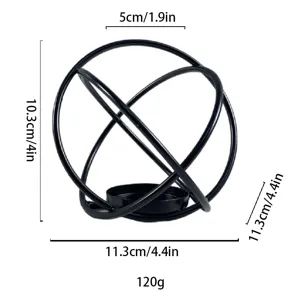Geometrischer Metall Kerzenhalter Detailansicht, schwarzes Eisen Kugel Design mit Maßen.
