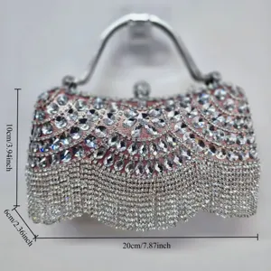 Rhinestone evening bag detail showing sparkling crystal diamonds and elegant fringe design.