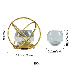 Geometrischer Eisenkerzenhalter mit klarem Glasschale, Maß- und Spezifikationsdetailbild.