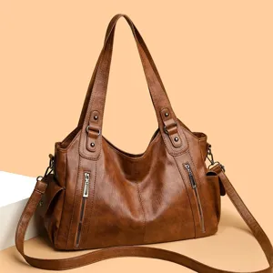 Vintage brown leather shoulder bag, large capacity stylish tote and crossbody bag for women commute.