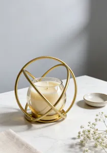 Nordischer goldener geometrischer Metallkerzenhalter Detail mit Glas Duftkerze Deko.