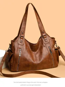 Vintage Large Capacity PU Leather Tote Bag For Women Casual Commuter Shoulder Bag Multi Pocket Handbag