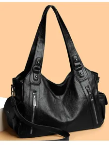 Classic black leather shoulder bag, stylish large capacity tote for daily commuting.