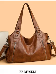 Vintage brown PU leather women hobo shoulder bag large capacity casual tote handbag
