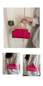 Detail view of the elegant pink evening bag with metal chain strap and kiss-lock closure.