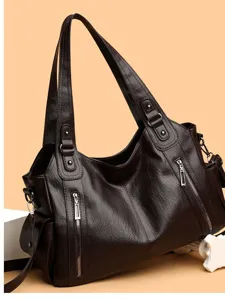 Dark brown leather shoulder bag for women, large capacity stylish tote and chic daily commute handbag.