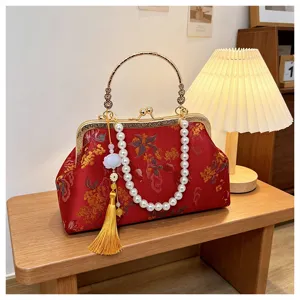 Borsa a mano ricamata stile cinese, elegante borsa da sera con catena di perle e nappa.