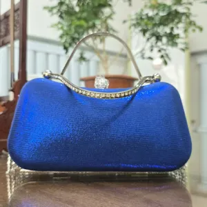 Blue rhinestone evening clutch bag with sparkling glitter fabric and metal handle detail.