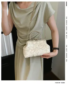 Elegant vintage floral embroidered evening bag with metal frame chain strap for women detail view