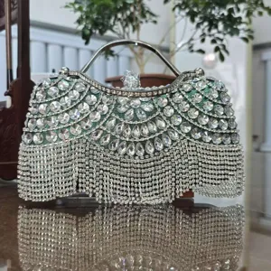 Luxury Rhinestone Evening Bag Women Satin Crystal Tassel Clutches Metal Handle Wedding Party Shoulder Crossbody Bag