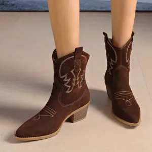 Brown suede retro embroidered western cowboy boots, chunky heel mid-calf boots for women.