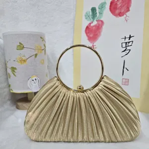 Women Pleated Evening Bag Elegant Satin Clutch Purse With Round Metal Ring Handle Designer Banquet Party Handbag