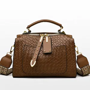Vintage PU leather women shoulder bag retro top handle handbag with woven texture and strap
