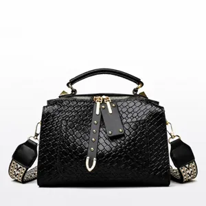 Classic black PU leather shoulder bag with retro woven texture and elegant metal handle design.
