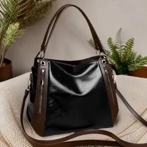 Women's Vintage PU Leather Tote Bag Large Capacity Casual Commuter Handbag Colorblock Shoulder Bag