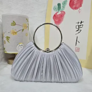 Silver pleated evening clutch bag with metal ring handle for party banquet wedding