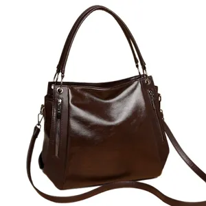 Women brown leather shoulder bag casual tote vintage commuter handbag large capacity crossbody