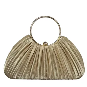 Elegant gold pleated evening clutch bag with metal round handle for women party wedding