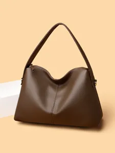 Women fashion brown shoulder bag textured simple tote large capacity handbag for daily use.