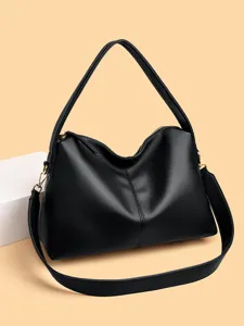 Classic black leather shoulder bag, stylish tote handbag with spacious capacity for daily use.