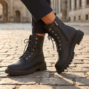 Damen Retro Plateau Springerstiefel, schwarze Leder Schnürstiefel mit Reißverschluss.