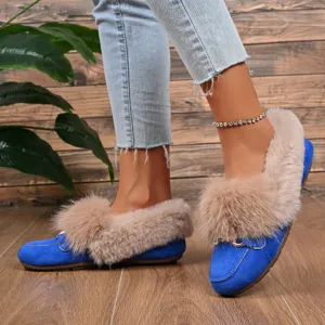 Chaussures plates décontractées pour femmes en fausse fourrure bleue vue de détail