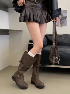 Retro buckle slouchy boots women mid-calf chunky heel boots detailed view showcasing design.