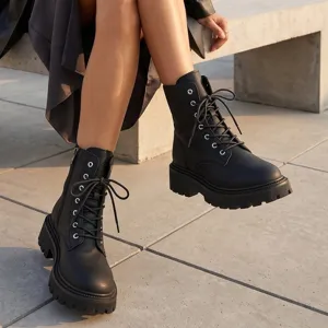 Bottines Martin Vintage pour Femmes Plateforme Épaisse Lacets Fermeture Éclair Latérale Bottines Courtes Style Britannique Chaussures en Cuir Synthétique