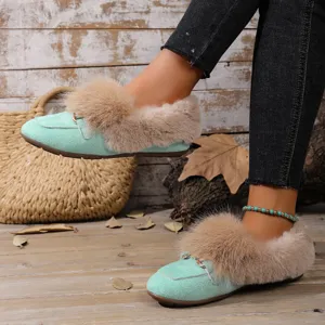 Femmes pantoufles plates fourrées pelucheuses hiver chaussures décontractées chaudes vert menthe
