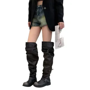 Vintage buckle slouchy over-the-knee boots for women, chunky heel round toe tall boots.