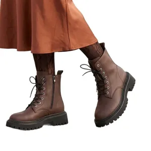 Bottes de combat courtes rétro marron en cuir plateforme épaisse à lacets et zip