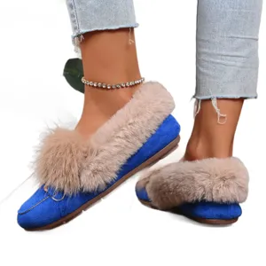 Femmes hiver peluche pantoufles chaud fausse fourrure chaussures plates décontractées