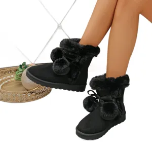 Women winter warm snow boots black furry pom pom bow thick platform short boots