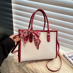 Women Fashion PU Leather Tote Bag Casual Commuter Colorblock Shoulder Crossbody Handbag With Scarf Decoration