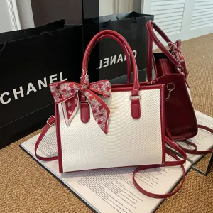 Stylish colorblock women tote bag with red scarf commuter casual shoulder handbag 2026 new