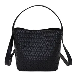 Chic black woven leather bucket bag with top handle and crossbody strap for modern women.
