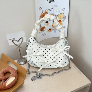 Women Fashion PU Leather Crossbody Bag Cute Polka Dot Print Dumpling Handbag Stylish Chain Shoulder Bag Daily Purse