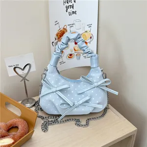 Korean style light blue polka dot handbag with bow and chain strap for daily chic women fashion