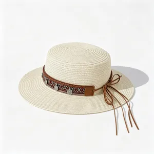 Ethnic Style Flat Top Straw Hat For Women Men Summer Beach Sun Hat Paper Straw Boater Hat With Tassel Shell Decoration Travel Sunshade Cap