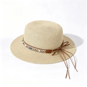 Woven straw sun hat with ethnic beads and leather bow, stylish summer beach boater hat.