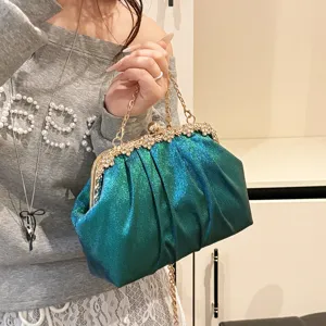 Sac de Soirée Femme Strass Fermoir Baiser Pochette Métallique Plissée Chaîne Bandoulière Pour Fête Mariage