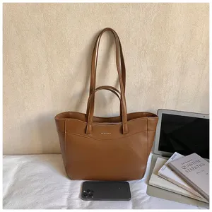 Fashionable brown PU leather tote bag, large capacity shoulder bag for daily casual chic style.