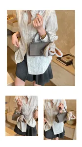 Grey matte leather handbag with cute plush rabbit charm, Korean style retro shoulder bag.