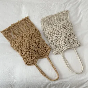 Bolso de hombro de macramé tejido bohemio, bolso tote con flecos casual para vacaciones de playa.