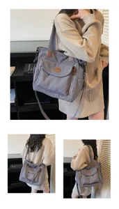 Stylish grey corduroy tote bag for women, featuring casual shoulder and handbag design.