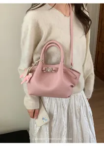 Solid color leather shoulder handbag women fashion chic minimalist design daily tote bag retro style