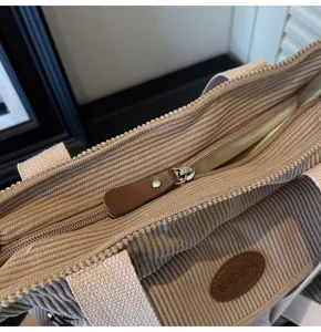 Corduroy tote bag for women casual shoulder handbag commuter top handle bag zipper closure