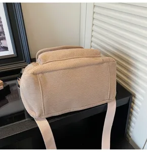 Beige corduroy shoulder bag casual tote purse with wide strap daily commute handbag for women
