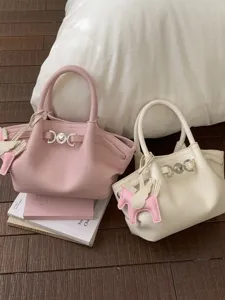 Solid Color PU Leather Bucket Bag Minimalist Shoulder Handbag With Metal Lock And Horse Pendant Fashion Women Top Handle Bag