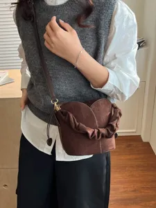 Brown suede bucket bag for women stylish shoulder crossbody bag trendy daily handbag